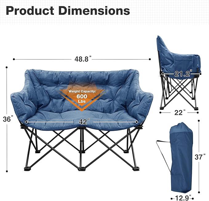 Double Camping Chair Heavy Duty Oversized Padded Loveseat for Adults 2 Person Outdoor Portable Camping Chairs for Lawn, Backyard, Fishing, Trip, Support 600lbs, Navy