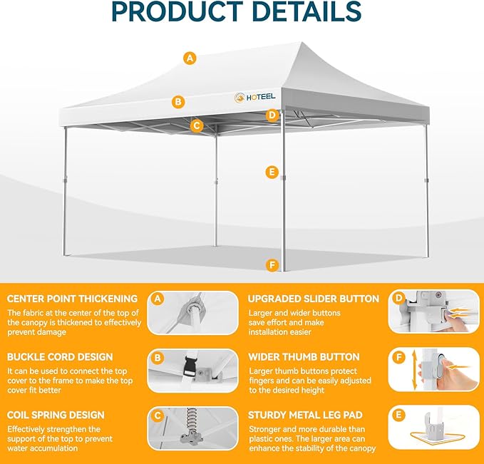 Hoteel 10x15 Pop Up Canopy Tent Heavy Duty Without Sidewalls, Waterproof Party Tent, Easy Set-up Commercial Instant Tents with Roller Bag & Sandbags, Hexagonal Leg (1-Year Warranty)