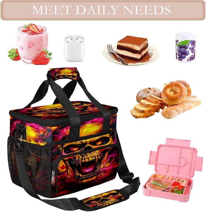Gothic Skull Flame Soft Cooler Bag Insulated Lunch Box for Men & Women, Large Leakproof Lunch Bag Portable Beach Cooler for Work, Picnic, Road Trips,Fishing, Travel, Camping,A-9