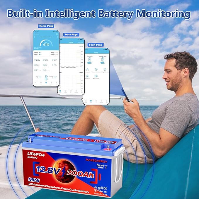 12V 200Ah Lifepo4 Battery with Bluetooth, Built-in 200A Smart BMS, Low-Temp Protection, 4500+ Deep Cycle Grade A Lithium Cells for RV Travel, Trolling Motor, Marine,Boat,Solar Panel,Camping