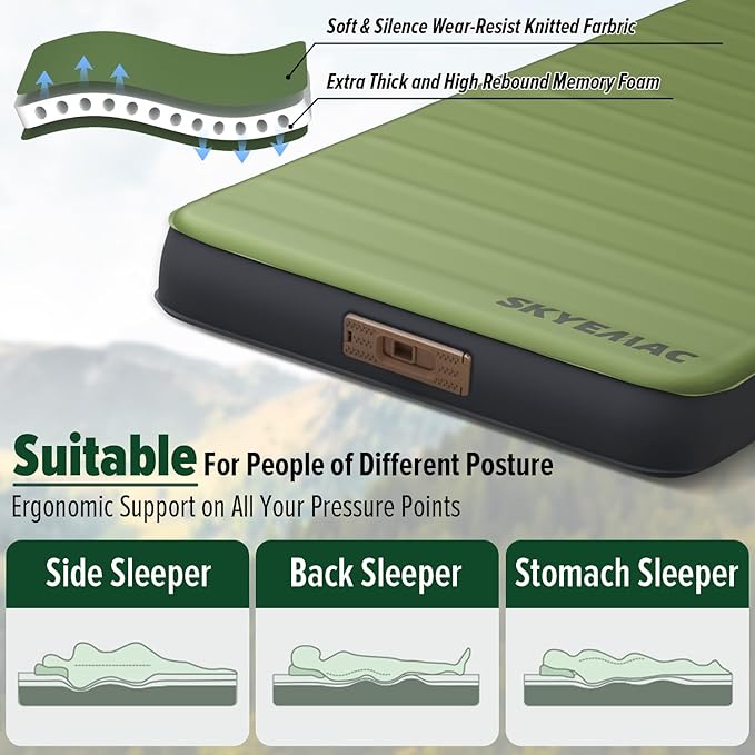 SKYEMAC Self-Inflating Memory Foam Sleeping Pad - Single Pad, Built-in Pump, R-Value 13, 78''x29''x4'', Fast Inflation & Deflation, 4-Season Camping Mattress for Outdoor Adventures