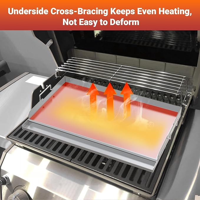 Skyflame 25"x16" Stainless Steel Griddle Plate for BBQ, Hibachi, Flat Top Grill with Even Heating, Grease Groove, Foldable Handles, Ideal for Charcoal/Gas Grills, Camping, Tailgating, Outdoor Cooking