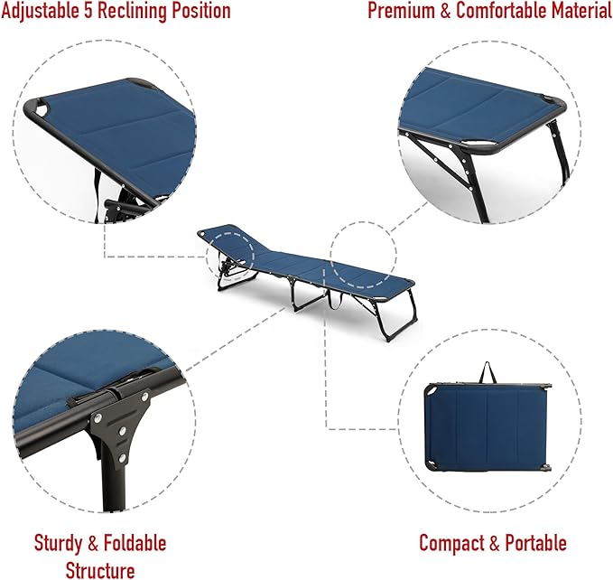 SUNNYFEEL Folding Lounge Chair Patio Chaise, Outdoor Portable Sun Lounger, Folding Camping Cot, with Adjustable Backrest and Removable Pillow for Outside Beach, Sunbathing, Pool, Lawn, Deck