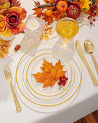 bUCLA 300Pcs Clear Gold Plastic Disposable Dinnerware Set - Clear Plates with Gold Trim Include 50 Dinner / 50 Dessert Plates,50 Cups,150 Plastic Silverware Set for Party