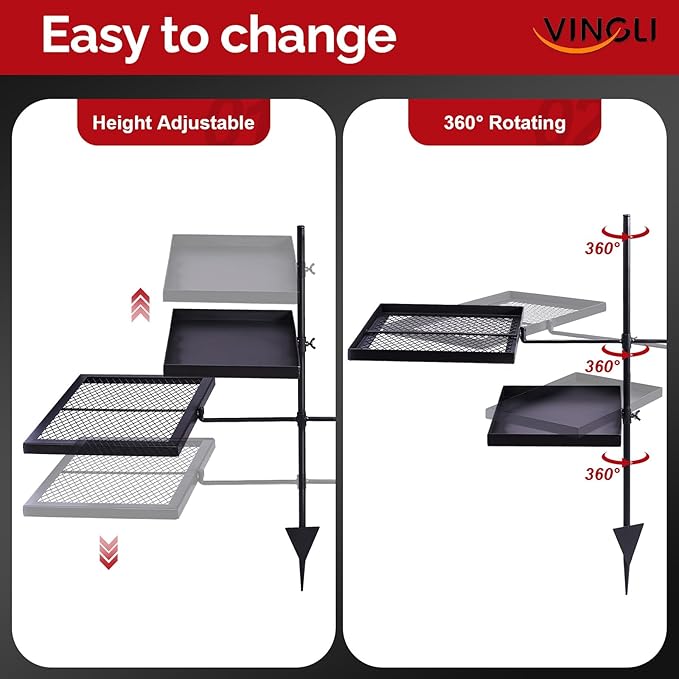 VINGLI Swivel Camping Firepit Grill, Foldable Campfire Steel Grate w/Griddles & Storage Bag, 360° Adjustable, Open Fire Outdoor Cooking Equipment, Parties, Activities, Families Use 31'' x 17'' x 32''