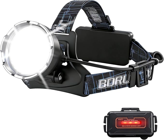BORUIT B10 Rechargeable Headlamp Super Bright - 3 Modes LED Head Lamp Battery Powered, 90° Adjustable, USB C, Waterproof Head Light for Hardhat Camping Hiking Fishing
