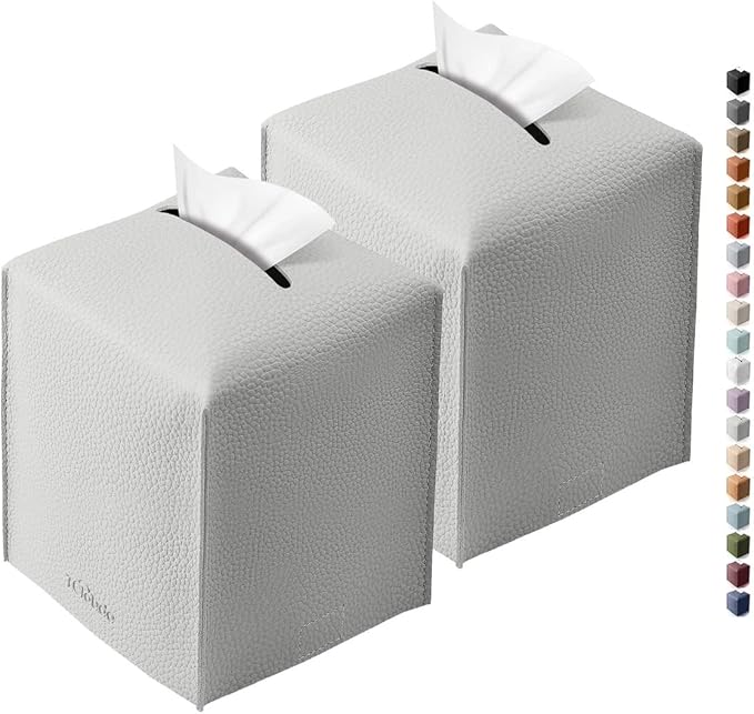Tissue Box Cover for PU Leather, Modern Simple Solid Color Holder Square Tissue Bag, Ideal for Bathrooms,Office,Car,Outdoor Tent,Dining Table,5"X5"X5", Double Light Grey