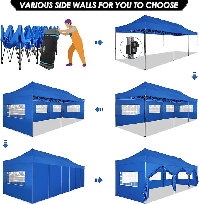 COBIZI 10x30 Pop up Canopy with 8 Removeable Sidewalls, Heavy Duty Party Tents for Parties, Events and Weddings, UPF 50+ Waterproof Commercial Tent with Roller Bag, Blue (Windproof Upgraded)