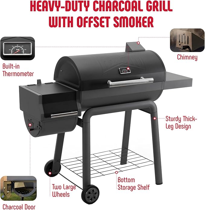BBQ Charcoal Grill with Offset Smoker Grill and Side Table, 30-In Heavy-Duty Outdoor BBQ Grill with 815 Sq. In. Cooking Space for Outdoor Barbecue in Backyard, Patio and Parties, Black