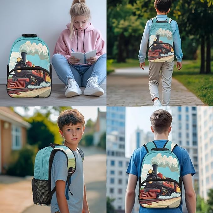 Train Backpack and Lunchbox Backpack for School Boys Lightweight Trendy Bookbag and Lunch Box Set for Boys 4pcs School Bags for Boys 10-12 Hiking Daypack Outdoor Travel