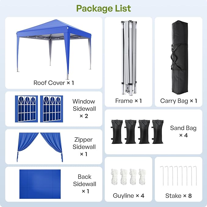 10x10 Pop Up Canopy with Sidewalls, Outdoor Instant Canopy Tent with Carry Bag for Commercial Events, Camping, Backyard Parties - Blue
