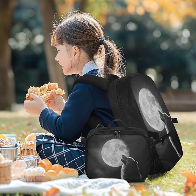 Moon Wolf Backpack for Men Cool Bookbag with Lunch Bag Large Capacity School Bag with Detachable Lunch Box for College Travel Camping Casual Book Bag