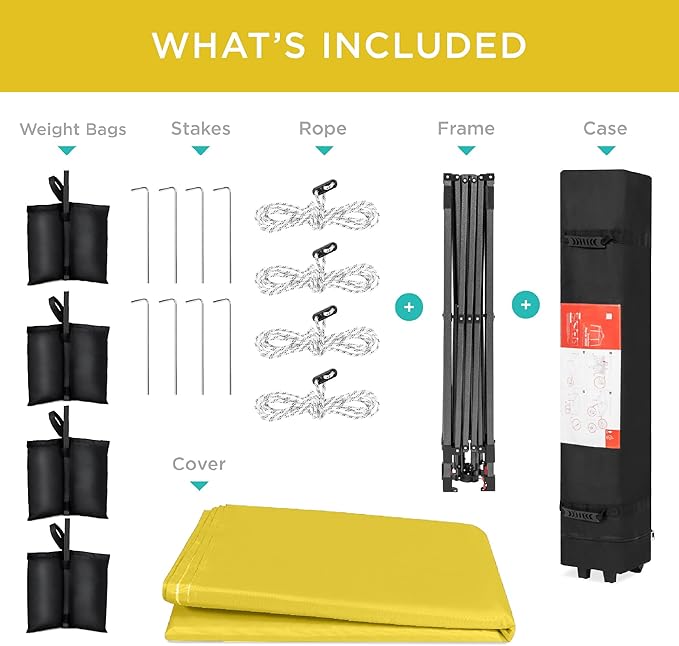 Best Choice Products 10x10ft Pop Up Canopy Tent, Outdoor Shade, 1 Person 1 Minute Set Up, Carry Case, 4 Weight Bags - Yellow