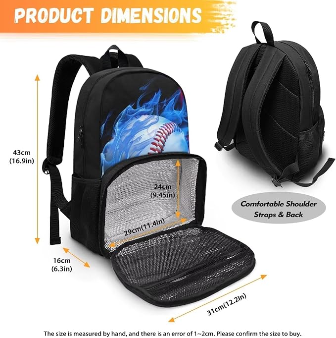 17 Inch Men Women Kids Casual Backpacks with Insulated Cooler Lunch Compartment Lightweight Students Knapsack Middle High School Bookbag Work Hiking Daypack, Fire Flame Softball
