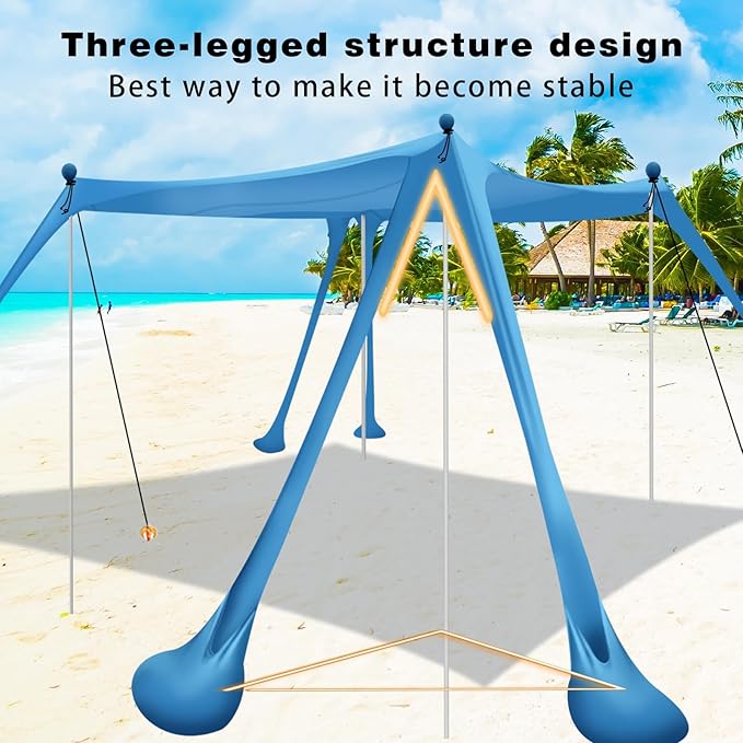 Beach Canopy Tent Sun Shade with 6 Sandbags, Beach Tent Sun Shelter UPF 50+ UV Protection, Poles and Ground Pegs and Anti-Wind Ropes for Outdoor, Camping, Backyard and Picnics