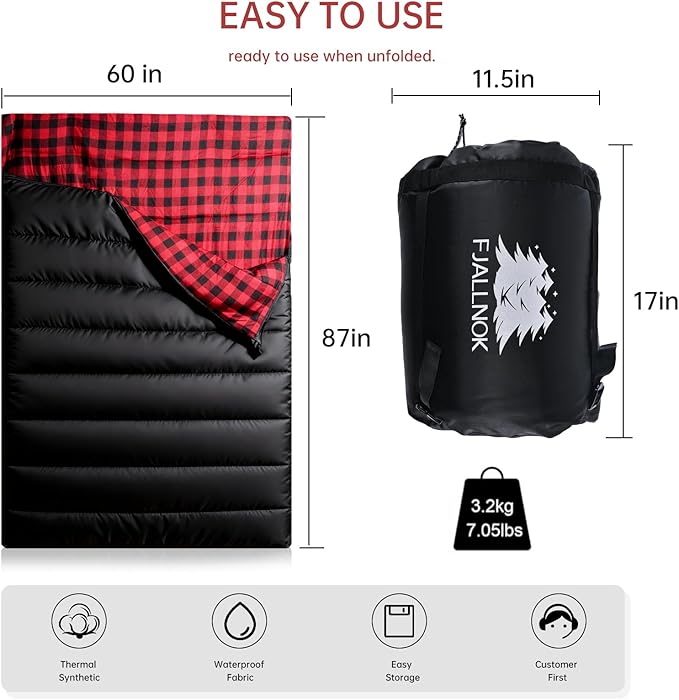 Double Sleeping Bag Cotton Flannel for Camping, Backpacking Or Hiking. Queen Size 2 Person Waterproof Sleeping Bag for Adults Or Teens. Lightweight with Compression Sack