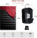Double Sleeping Bag Cotton Flannel for Camping, Backpacking Or Hiking. Queen Size 2 Person Waterproof Sleeping Bag for Adults Or Teens. Lightweight with Compression Sack