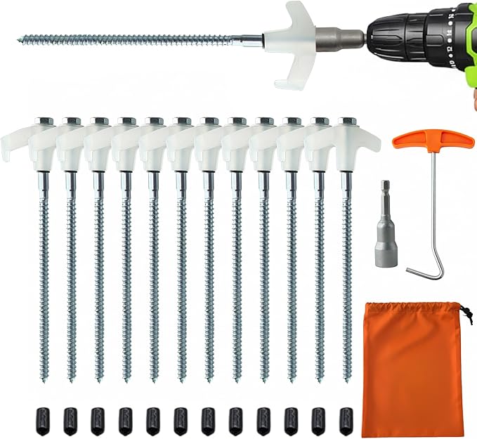 16-Pack Heavy Duty Screw-in Tent Stakes with Drill Adapter – 8 Inch Ground Anchors for Camping, Canopy, Gazebo, Awnings & Outdoor Accessories