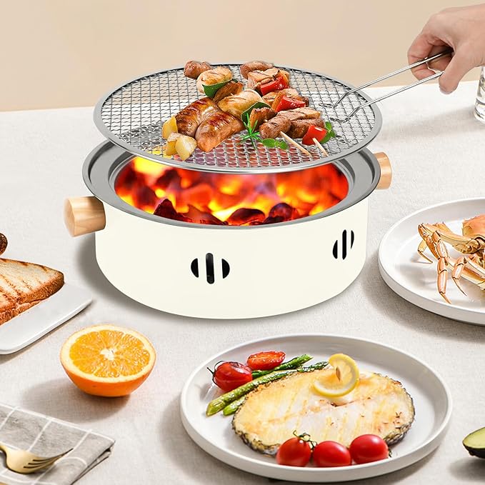 Portable Charcoal Barbecue Grill, 1pc Mini BBQ Grill Multifunctional Charcoal Grill Smokeless Round Tabletop Charcoal Grill for Indoor Outdoor Cooking Home Party Picnic Camping (Beige)