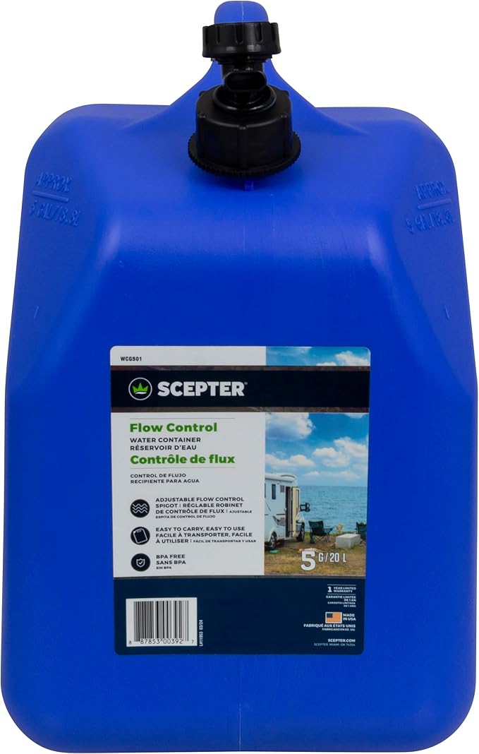 Scepter Flow Control 5 Gallon Water Jug with Spigot, Leak-Proof Heavy Duty Water Can for Camping Supplies, Storage, Hurricanes and More, Food Grade, BPA Free Container, 18.8 Liter Capacity, Blue