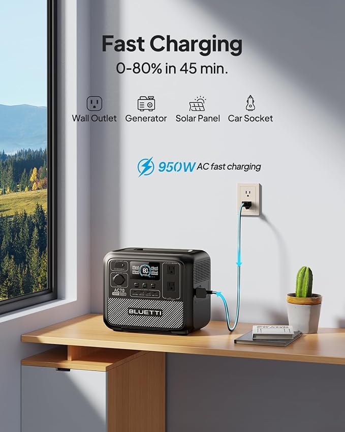 BLUETTI AC70 Solar Generator with 100W Solar Panel (Ships Separately), 768Wh Portable Power Station with 2 1000W (Power Lifting 2000W) AC Outlets, 0-80% in 45 Min, LFP Backup Power for Camping, Trip