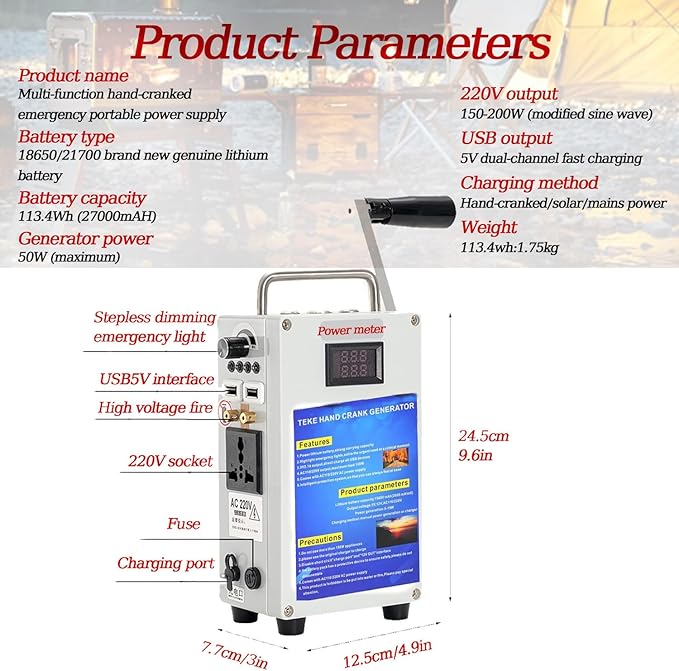 Outdoor Large Capacity Hand Crank Generator 220V/110V 200W/500W, High Power Generator, Emergency Lighting Tool for Outage/Field Exploration 27AH/200W