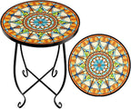 Mosaic Outdoor Side Table Round, 15 Inch Height - Small Patio Table, Foldable Sun Pattern Metal Plant Stand for Garden, Balcony, Porch & Camping (Mosaic Sun)