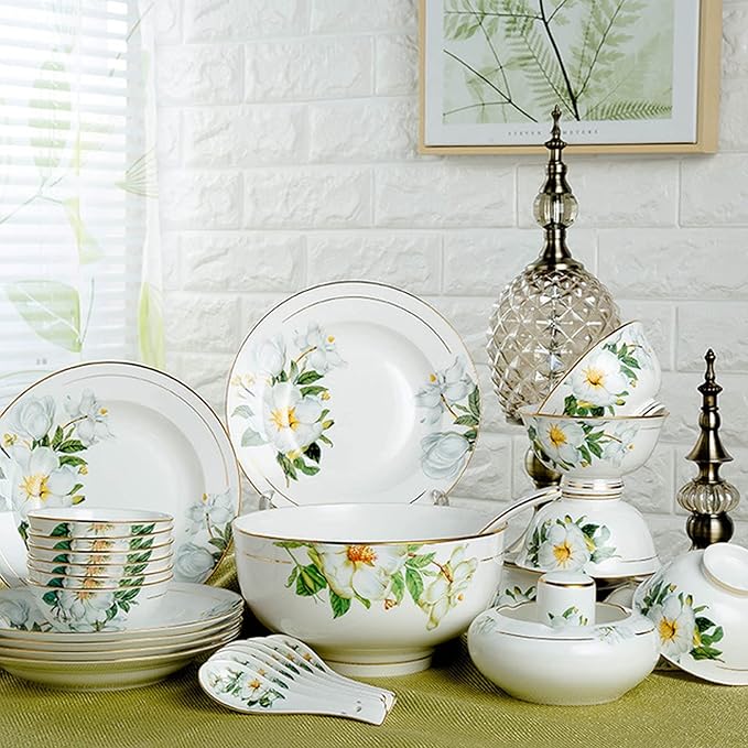 Bowl and Plate Sets White Ceramic Porcelain Decals Tableware Set Include Dinner Plate Dessert Plate Suitable for Family Hotel Restaurant