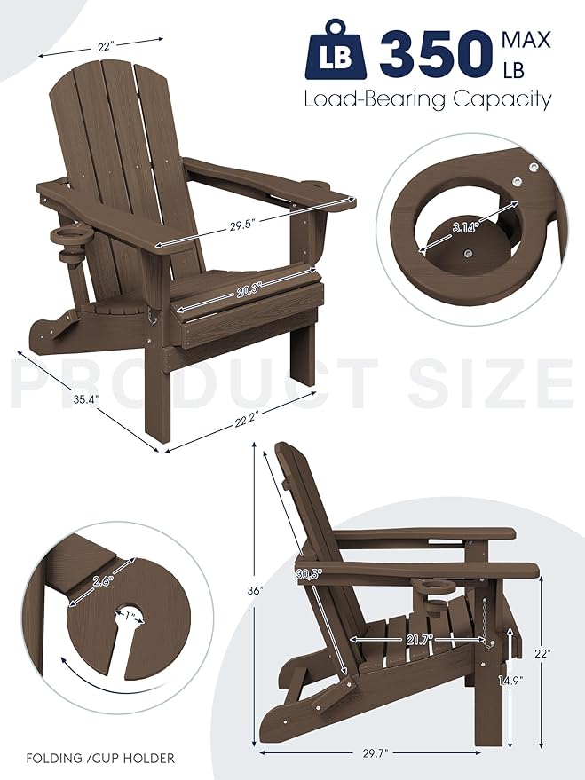 KINGYES Folding Adirondack Chair Set of 2, Dual Cup Holders & All-Weather HDPE, Wood-Like Patio Chair for Backyard, Camping, Pool & Fire Pit, Coffee