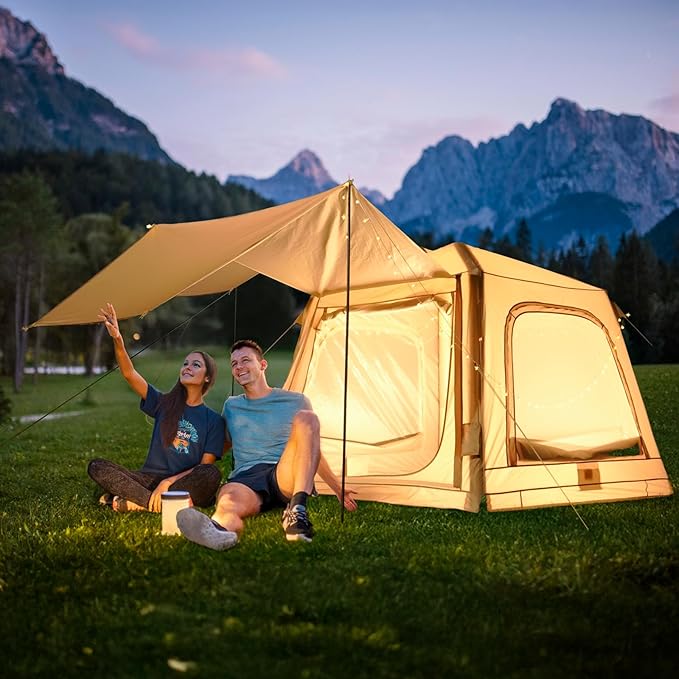 ABORON 2/6/8/10/12 Person Inflatable Camping Tent, Easy Setup Blow Up Tent with Hand Pump, PU3000mm Waterproof & Breathable 4 Season Glamping Tent for Outdoor Camping