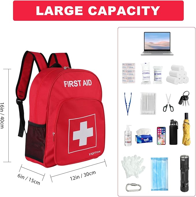 First Aid Backpack Empty, Red Waterproof Emergency Backpack, Portable Large Capacity Empty Medical First Aid Bag for Car Home Office Outdoor Travel Hiking Camping