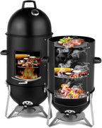 Outvita Vertical 18.8 Inch Steel Charcoal Smoker, Heavy Duty 3-in-1 Portable Outdoor Grill Cooker with Built-in Thermometer for Outdoor Backyard Cooking Grilling Camping