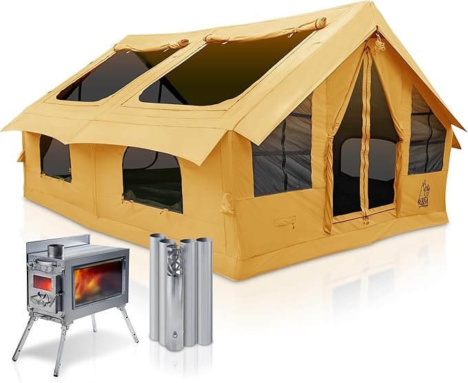 Inflatable Canvas Camping Tents with Stove Jack – Air Beam Blow Up Family Camping Tent for 2–6 People, Fast Setup Shelter with Hand Pump
