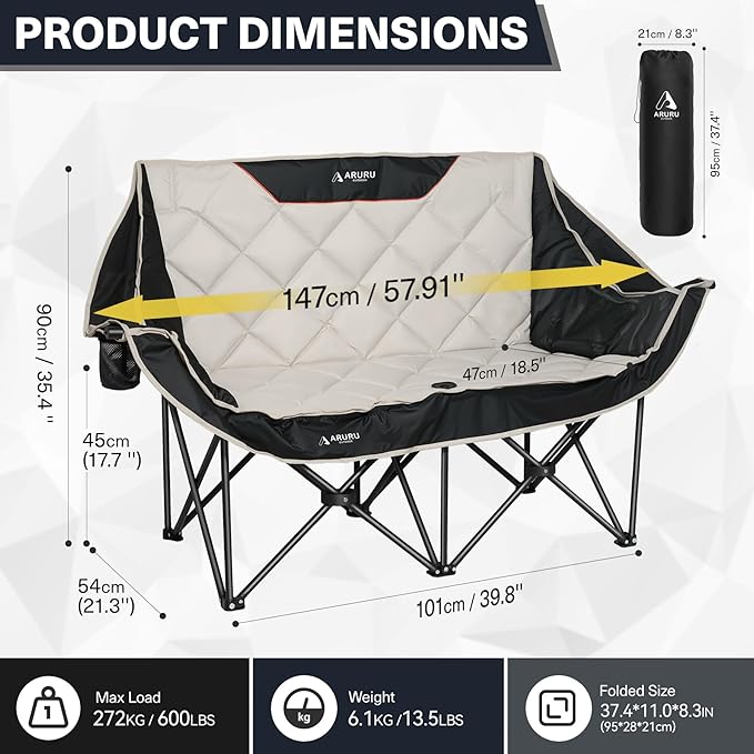 Double Camping Chair, Padded Oversized Camping Loveseat for Adults 2 Person Couch Two Seat Support 600LBS Heavy Duty Folding Camp Lawns Chairs for Outdoor Beach Backyard Tailgating Sports