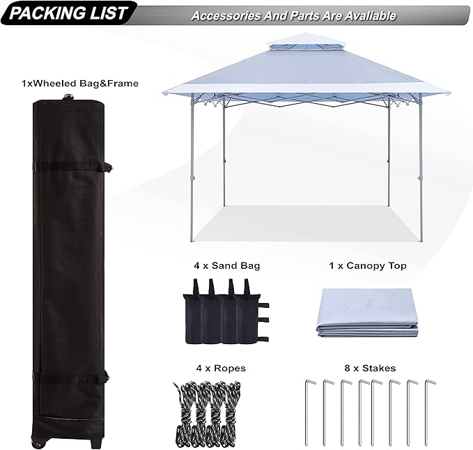 ABCCANOPY 13x13 Pop Up Canopy with Double Ventilated Top, 4 Sandbags, 4 Ropes and 8 Stakes (Gray)