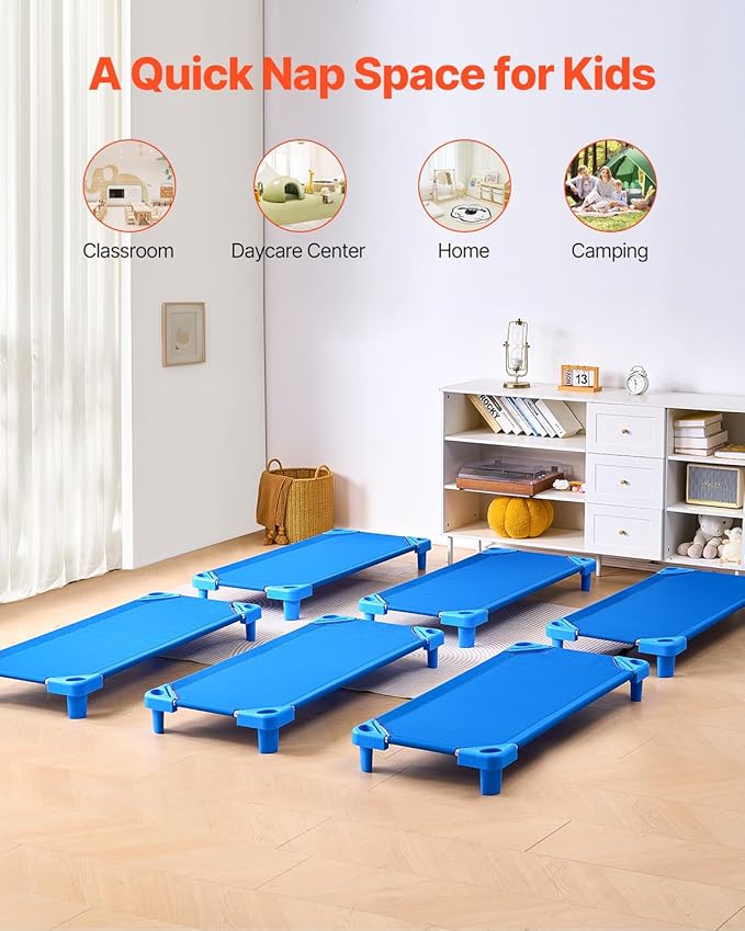 VEVOR Stackable Kiddie Cot, 6 Pack Portable Toddler Nap Cots, Standard Size 52" L x 23" W Daycare Cots for Kids, Preschool Classroom Daycare Beds for Sleeping, Resting, Naptime, Blue