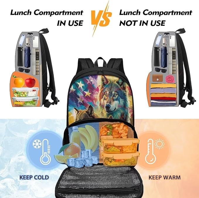 USA Flag Wolf Casual Bookbag Backpacks Hiking Outdoor Insulated Unisex Lunch Cooler Backpack Patriotic All In One Backpack Meal Bag Travel Laptop Bag 4th of July