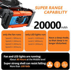 Camping Fan, 20000mAh Rechargeable Battery Powered Outdoor Tent Fan with Light and Hook, 6 Speed, Personal USB Desk Fan for Camping, Fishing, Hurricane, Power Outage Essentials
