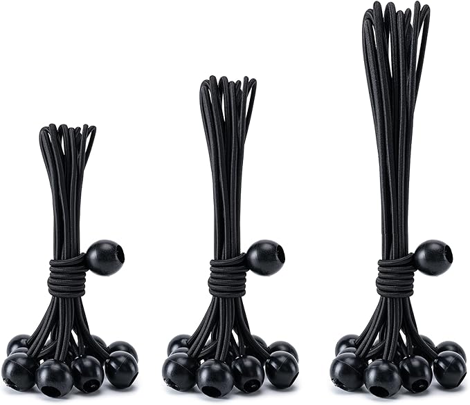 30 Pack of 3 Sizes Ball Bungee Cord, 6 ，9，11 Inch Heavy Duty Bungie Cord Balls Canopy Tarp Tie Down Bungee Balls for Camping, Tents, Cargo,Holding Wire and Hoses, Patio Umbrellas, Awning (Black)