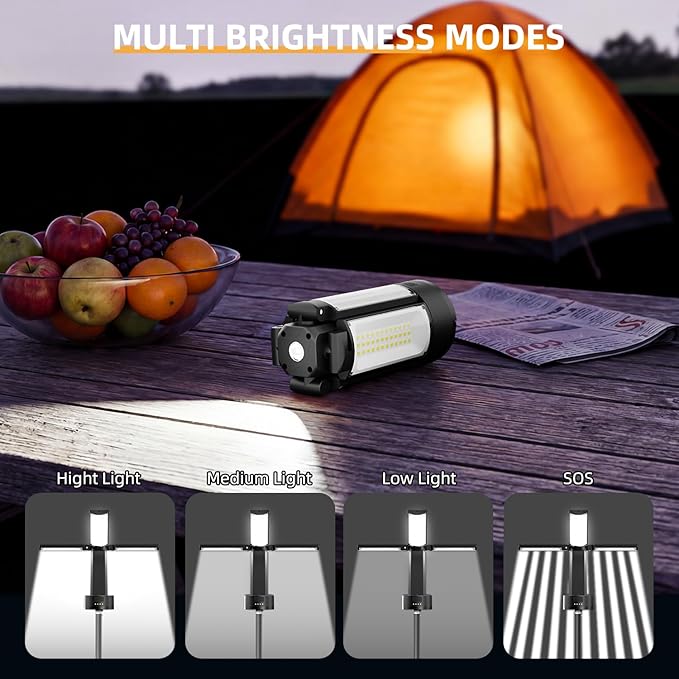 T-SUN Rechargeable Camping Light with Stand, 2 Pack LED Work Light 4100 Lumens with 4 LED Lamp Heads, Work Light with Detachable Tripod 67" Max Height, Magnetic Emergency Flashlight (Black)