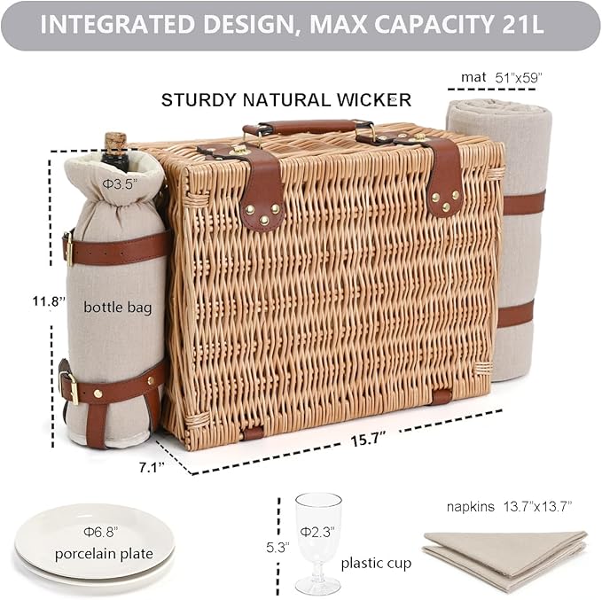 Picnic Basket with Blanket and Wine Pouch for 2, Wicker Picnic Set with Insulated Liner Cooler Bag Hamper for Camping,Wedding - Natural