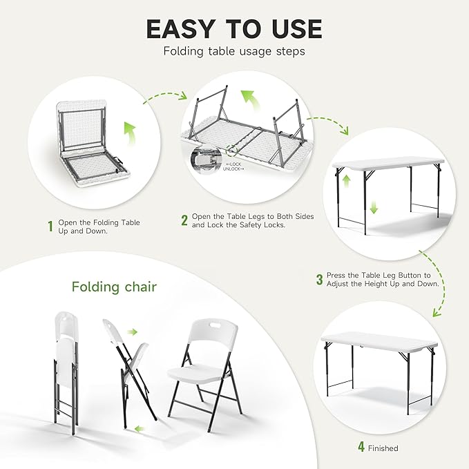 4FT Folding Table Set with 4 Chairs – Heavy-Duty 400 lbs Table & 600 lbs Chair Capacity, Portable Foldable Table & Chair Set for Camping, Parties, Indoor & Outdoor Use