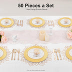 DYRABREST 50 Pcs Gold Charger Plates, 13 Inch Bulk Round Charger Plates Plastic Wedding Dinner Elegant Reusable for Table Setting Wedding Party Event Tabletop Setting Decor (Gold)