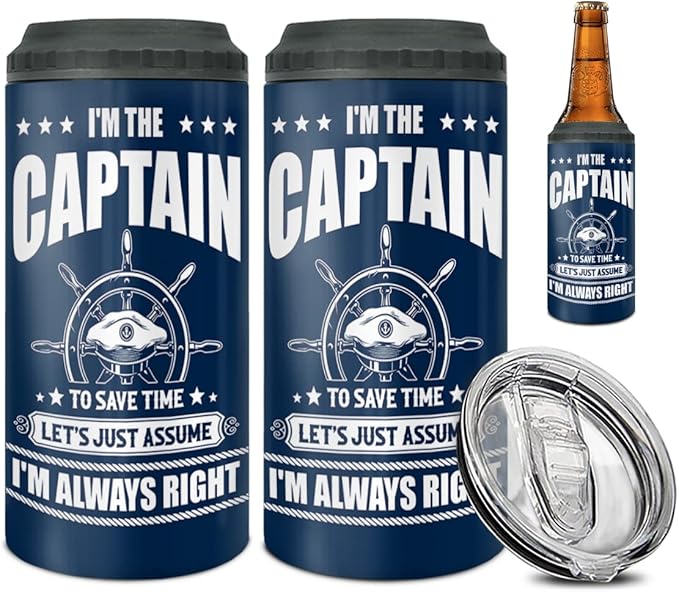 winorax Captain Tumbler Can Cooler 4-in-1 I'm The Captain & I'm Always Right Boating Stainless Steel Cup with Lid 12oz Boater Gifts For Men Boat Lover Gift For Boats Owner Boaters Gift Ideas