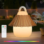 Rattan Outdoor Lanterns, GGII Rechargeable Camping Lantern with IP44 Waterproof, Battery Operated Outdoor Portable Cordless Table Lamp with RGB Lights for Patio Balcony Garden