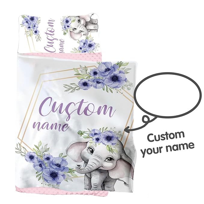 Custom Toddler Nap Mat for Preschool, Personalized Name Kids Sleeping Bag with Purple Elephant for Daycare, Roll Up Sleeping Mat with Removable Pillow and Soft Dot Minky Blanke for Girls Camping