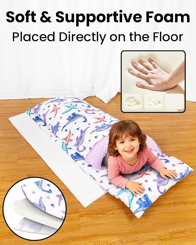 Primlect Toddler Thickened Foam Nap Mat with Pillow, Extra Large 55"x35", Soft, Supportive Sleeping Bag with Detachable, Washable Cover, for Sleepover, Home, Travel, Boys and Girls