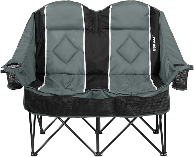 Oversized USLCamping Chair - 2 Person Portable Folding Outdoor Loveseat Heavy Duty Lawn Chairs for Adults with Padded Cushion & Dual Cup Holders, Supports 660LBS for Camping，Sports，Picnic (Grey)