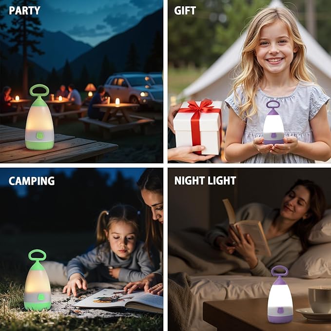 Kids Camping Lantern & Night Light Battery Powered, 360° Eye-Safe Light (AAA Included), IPX4 with RGB Modes Portable for Outdoor, Emergency , Gift for Children (Purple+Green 2 Pack)