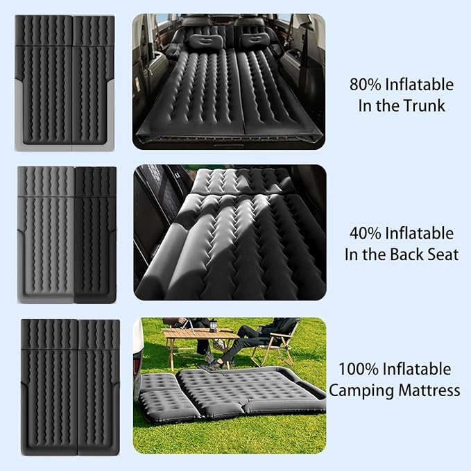 Car Air Mattress for Tesla Model X 7-Seats 2015-2023, Trunk Rear Seat Inflatable Thickened Flocking Travel Camping Bed, Air Pump 2 Pillows,Black